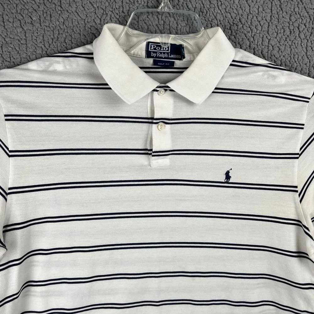 Ralph Lauren Polo Shirt Mens Large White Blue Striped Golf Fit Casual‎ Supima